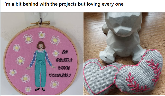 Hummingbird community share: embroidery hoop with "Be gentle with yourself" and a stitched heart cushion.
