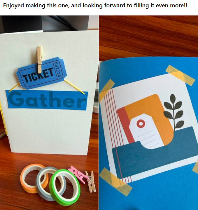 Community share: a Gather ticket journal with washi tape, and the inside pages decorated with tags and leaves.