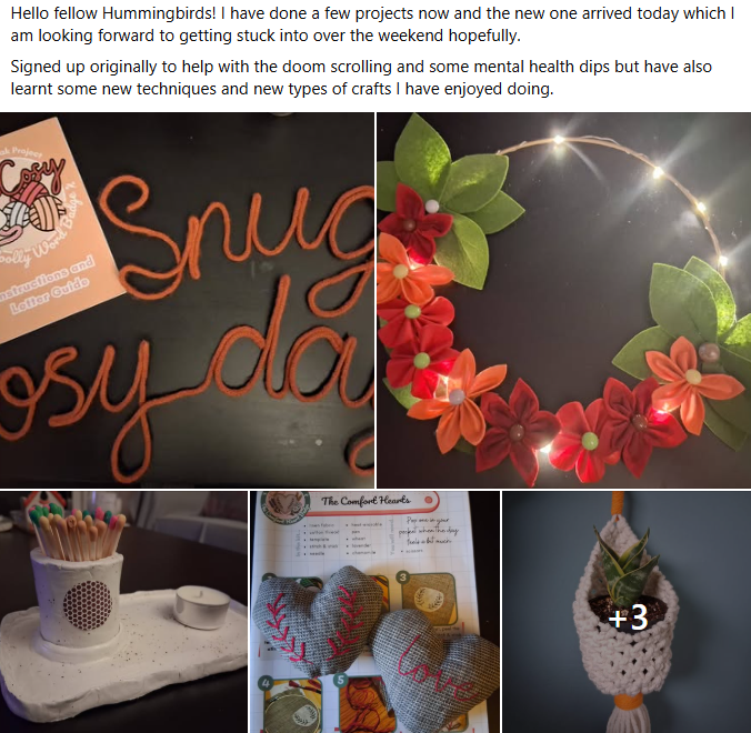 Community collage: Snug Sunday wire sign, a lit felt flower wreath, comfort hearts and a macrame plant hanger.
